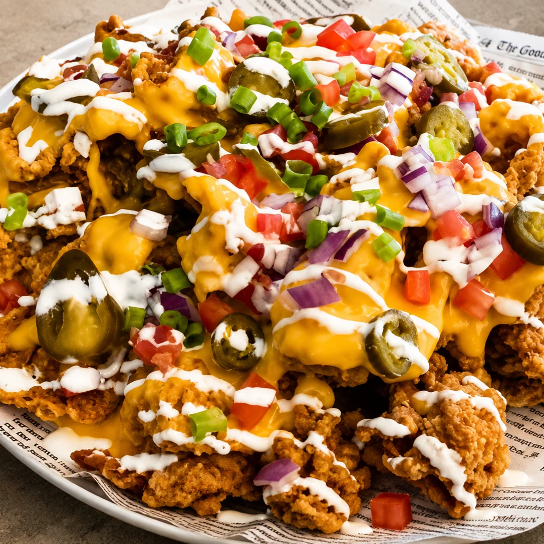 Loaded crispy chicken skin nachos at Crspy Bnch in Winnipeg, MB