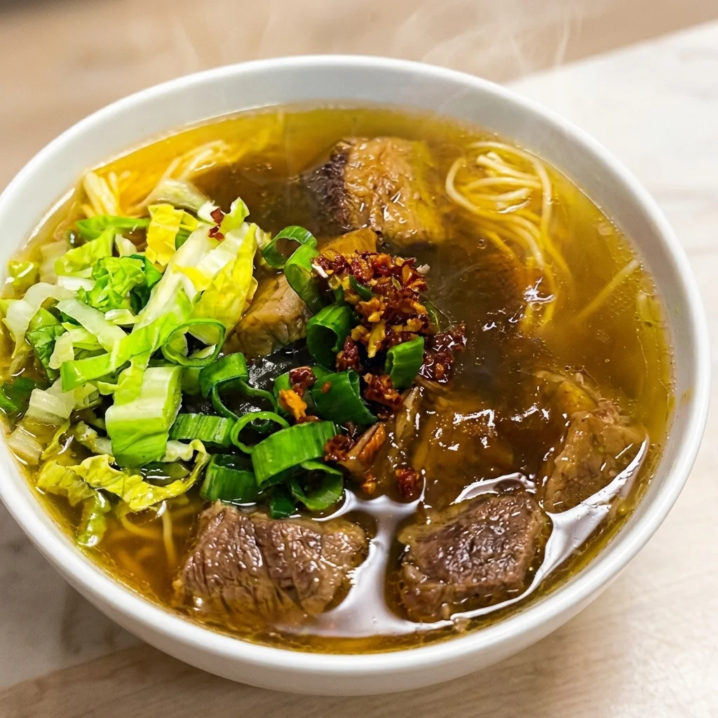 Beef pares with garlic rice and hot pares broth at Crspy Bnch in Winnipeg, MB