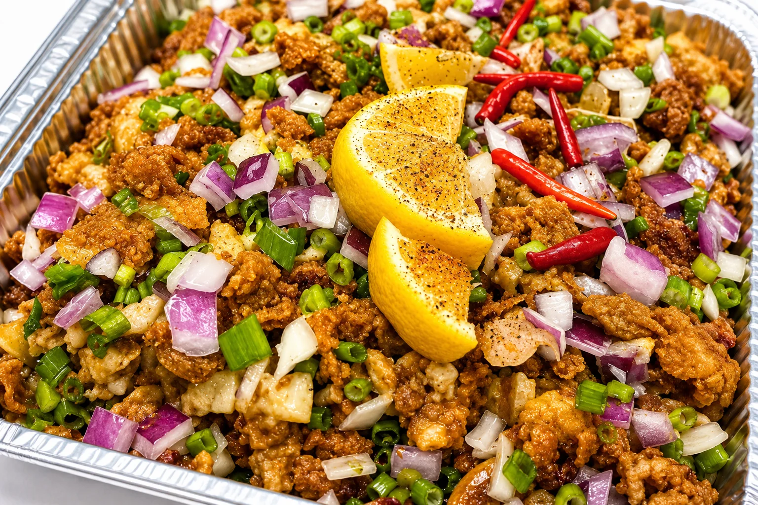Sizzling crispy pork sisig with egg and rice on a hot plate at Crspy Bnch in Winnipeg, MB