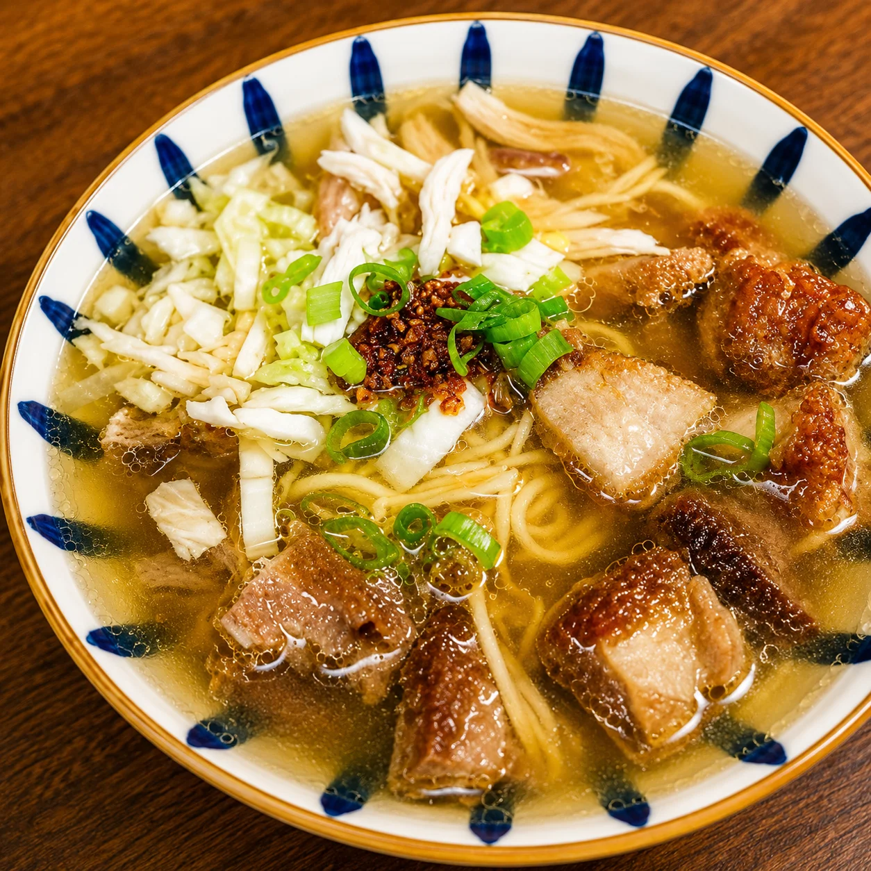 Lechon pares mami noodle soup with crispy pork at Crspy Bnch in Winnipeg, MB